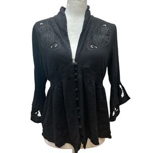 Idyllwind Miranda Lambert Black Embroidered Eyelet Smocked Top Size Large